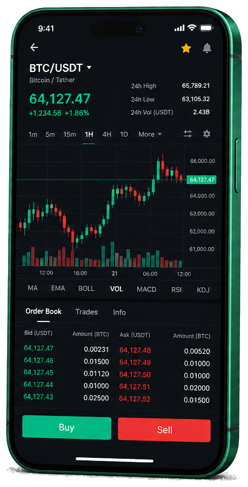 Záře Tradelux mobilní obchodní platforma — živý graf BTC/USDT, kniha objednávek a rozhraní nákupu/prodeje
